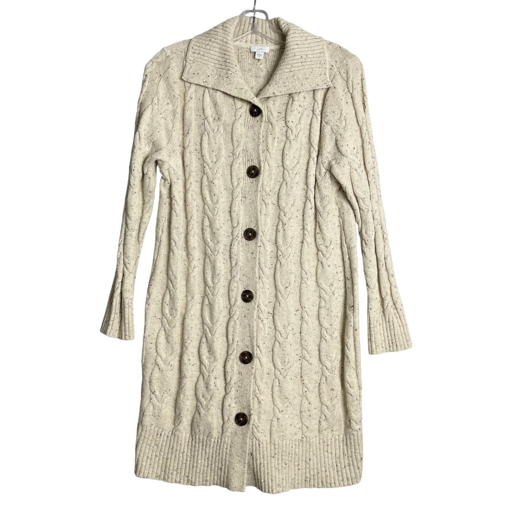 J. Jill Cable Knit Cardigan Sweater‎ Womens M Cream Speckled Fisherman Long Prep